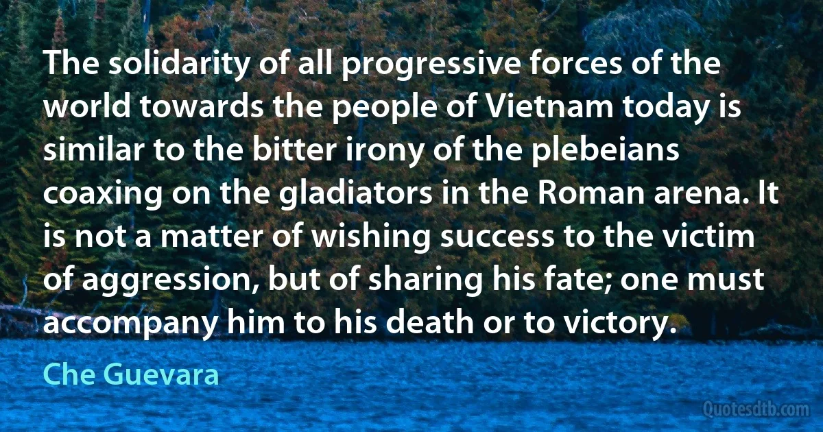 The solidarity of all progressive forces of the world towards the people of Vietnam today is similar to the bitter irony of the plebeians coaxing on the gladiators in the Roman arena. It is not a matter of wishing success to the victim of aggression, but of sharing his fate; one must accompany him to his death or to victory. (Che Guevara)