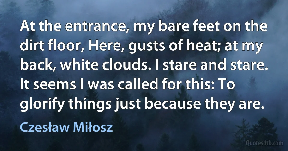 At the entrance, my bare feet on the dirt floor, Here, gusts of heat; at my back, white clouds. I stare and stare. It seems I was called for this: To glorify things just because they are. (Czesław Miłosz)