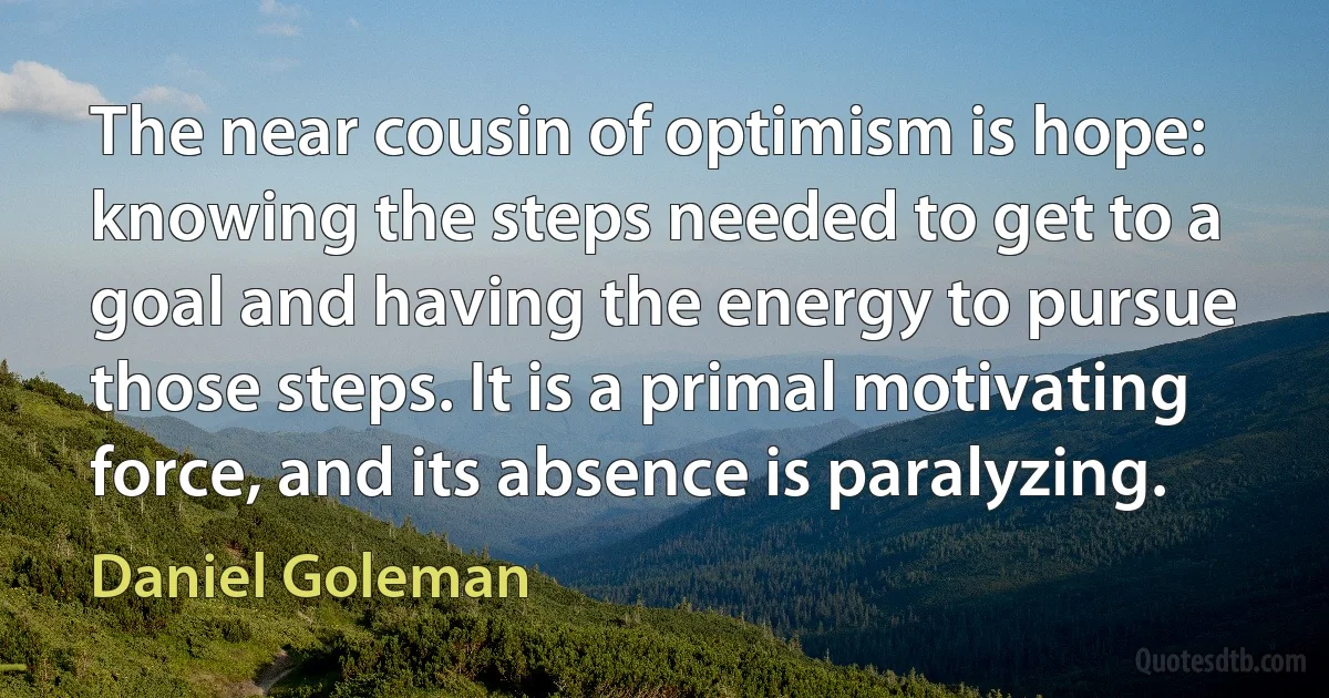 The near cousin of optimism is hope: knowing the steps needed to get to a goal and having the energy to pursue those steps. It is a primal motivating force, and its absence is paralyzing. (Daniel Goleman)