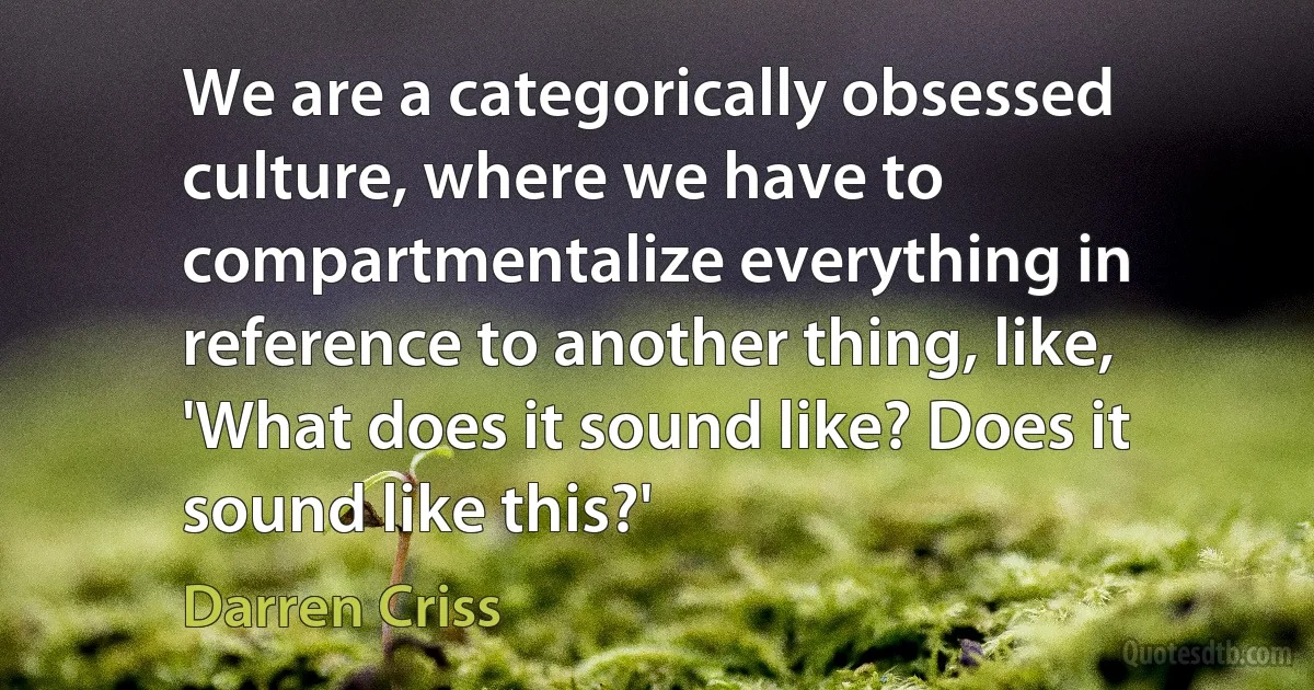 We are a categorically obsessed culture, where we have to compartmentalize everything in reference to another thing, like, 'What does it sound like? Does it sound like this?' (Darren Criss)