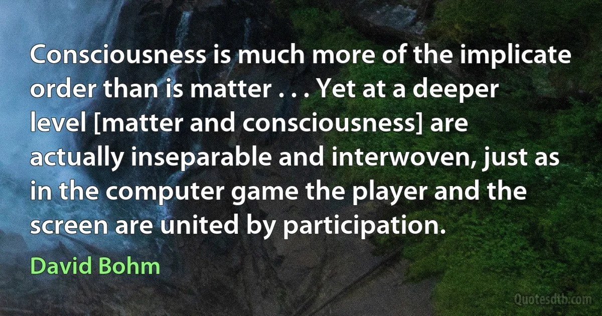 Consciousness is much more of the implicate order than is matter . . . Yet at a deeper level [matter and consciousness] are actually inseparable and interwoven, just as in the computer game the player and the screen are united by participation. (David Bohm)