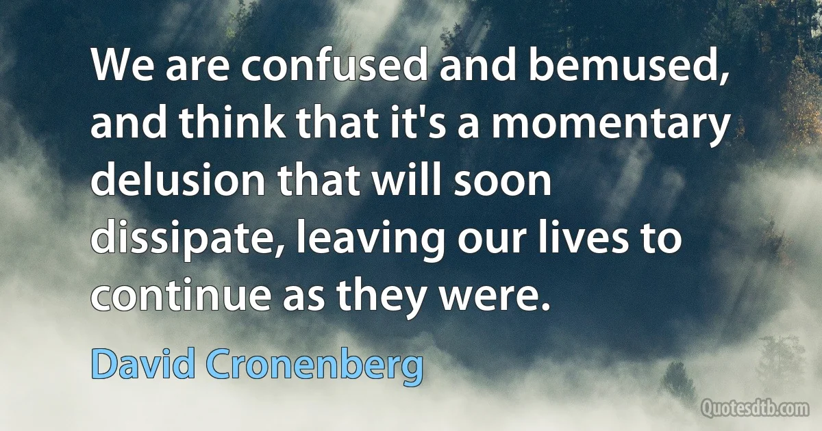 We are confused and bemused, and think that it's a momentary delusion that will soon dissipate, leaving our lives to continue as they were. (David Cronenberg)