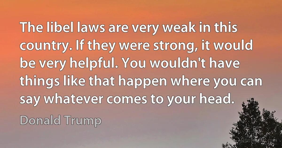 The libel laws are very weak in this country. If they were strong, it would be very helpful. You wouldn't have things like that happen where you can say whatever comes to your head. (Donald Trump)