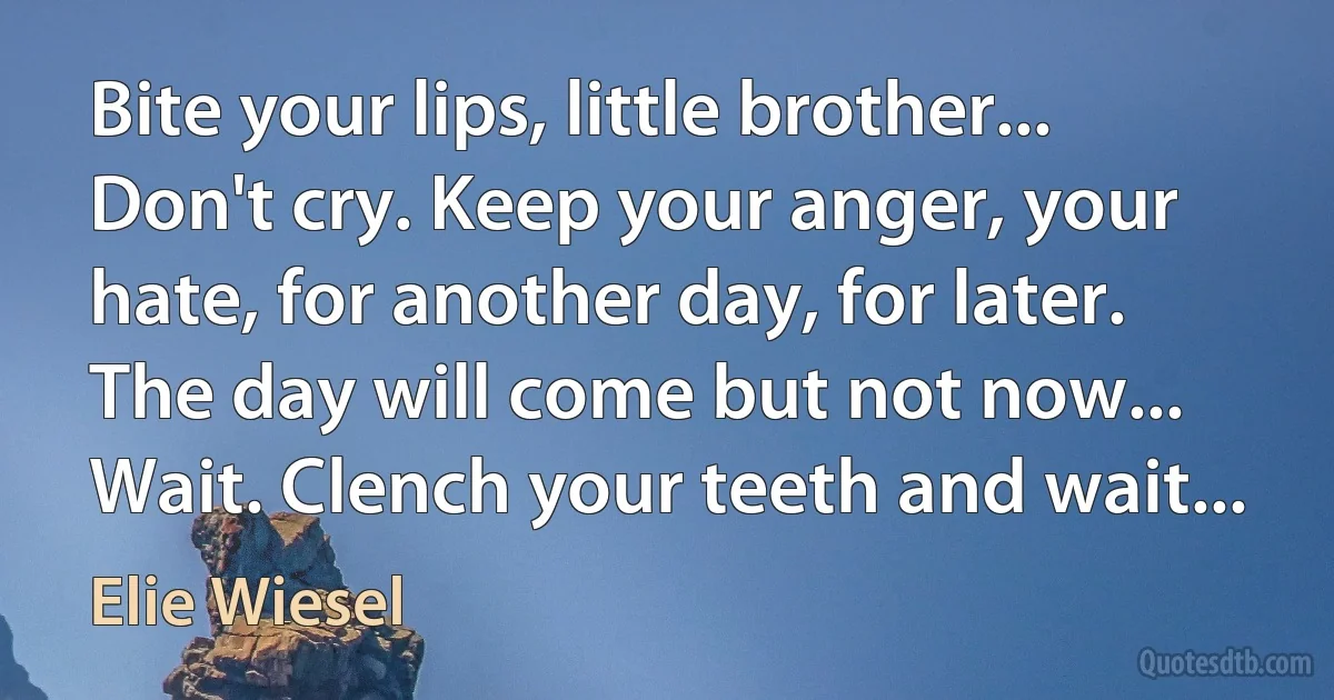 Bite your lips, little brother... Don't cry. Keep your anger, your hate, for another day, for later. The day will come but not now... Wait. Clench your teeth and wait... (Elie Wiesel)