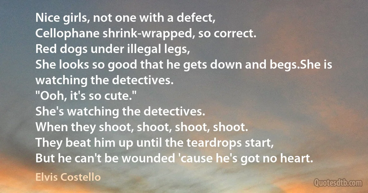 Nice girls, not one with a defect,
Cellophane shrink-wrapped, so correct.
Red dogs under illegal legs,
She looks so good that he gets down and begs.She is watching the detectives.
"Ooh, it's so cute."
She's watching the detectives.
When they shoot, shoot, shoot, shoot.
They beat him up until the teardrops start,
But he can't be wounded 'cause he's got no heart. (Elvis Costello)