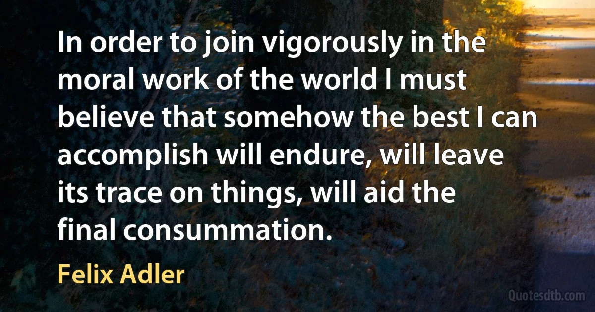 In order to join vigorously in the moral work of the world I must believe that somehow the best I can accomplish will endure, will leave its trace on things, will aid the final consummation. (Felix Adler)