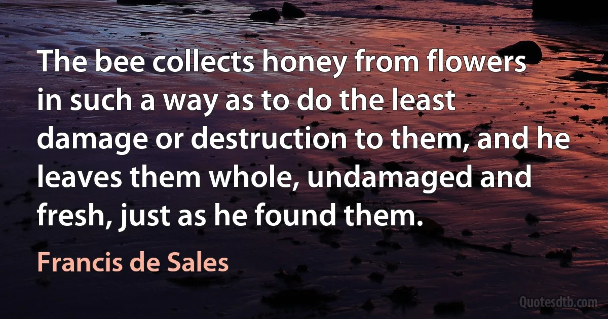 The bee collects honey from flowers in such a way as to do the least damage or destruction to them, and he leaves them whole, undamaged and fresh, just as he found them. (Francis de Sales)