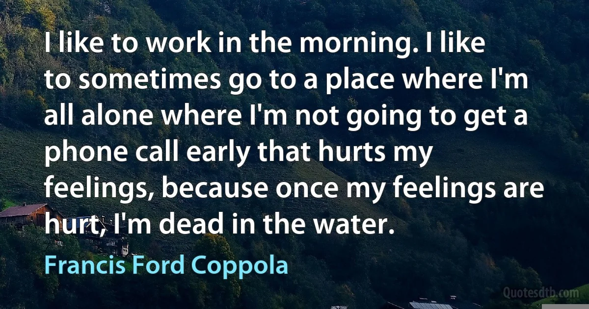 I like to work in the morning. I like to sometimes go to a place where I'm all alone where I'm not going to get a phone call early that hurts my feelings, because once my feelings are hurt, I'm dead in the water. (Francis Ford Coppola)