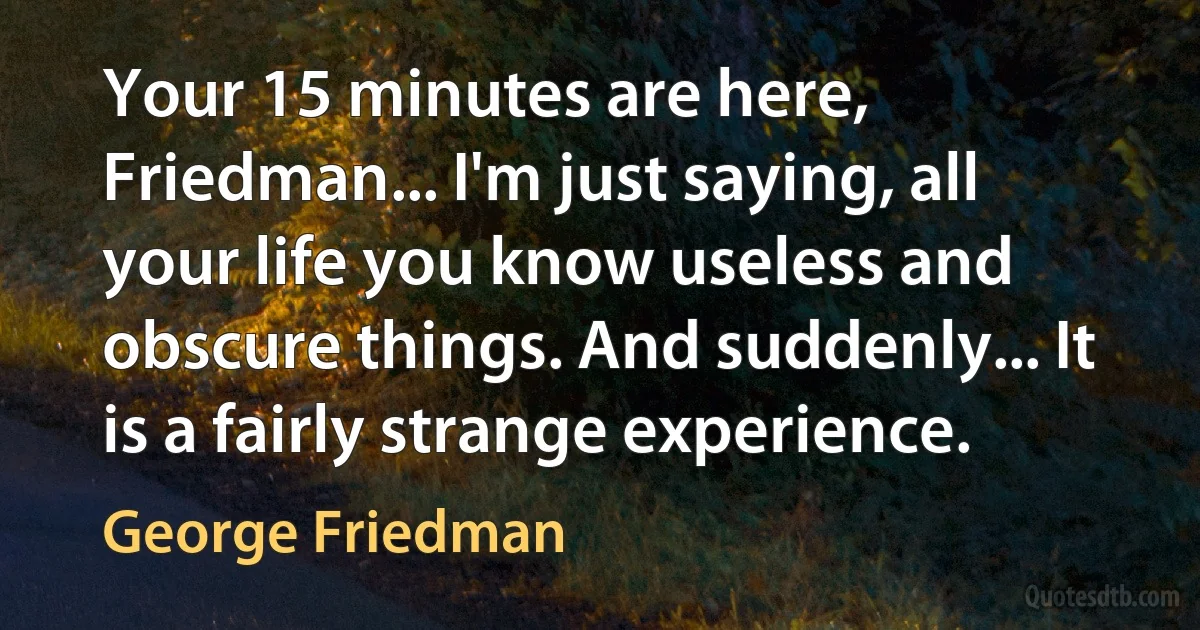 Your 15 minutes are here, Friedman... I'm just saying, all your life you know useless and obscure things. And suddenly... It is a fairly strange experience. (George Friedman)