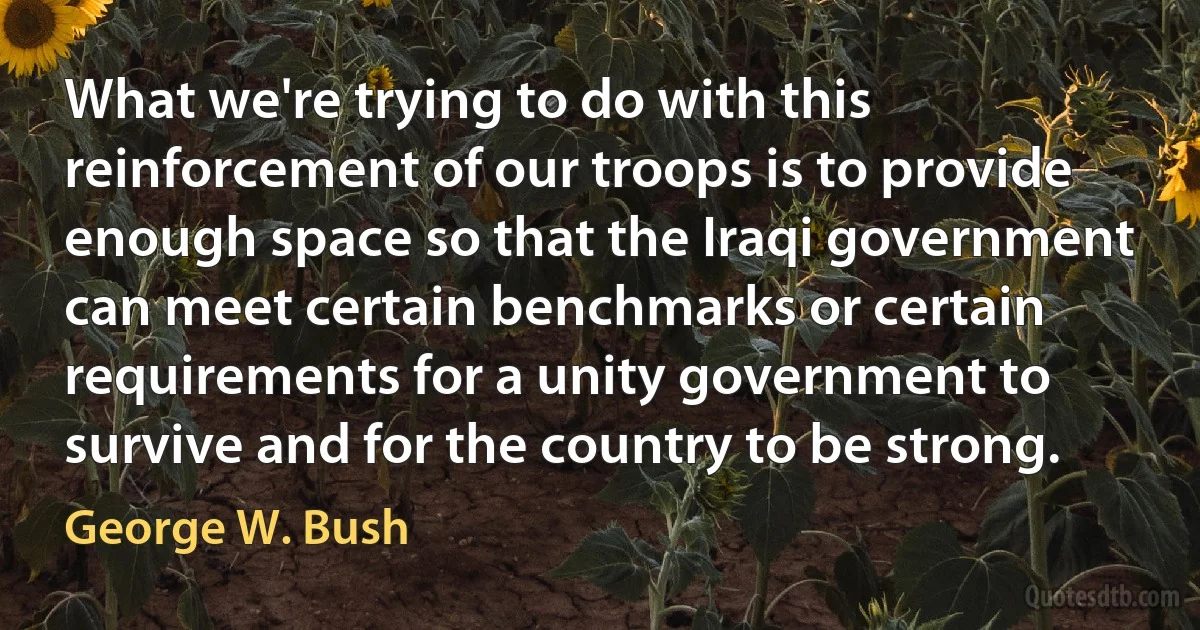 What we're trying to do with this reinforcement of our troops is to provide enough space so that the Iraqi government can meet certain benchmarks or certain requirements for a unity government to survive and for the country to be strong. (George W. Bush)