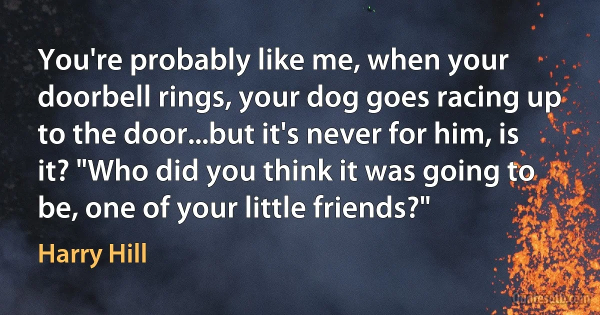 You're probably like me, when your doorbell rings, your dog goes racing up to the door...but it's never for him, is it? "Who did you think it was going to be, one of your little friends?" (Harry Hill)