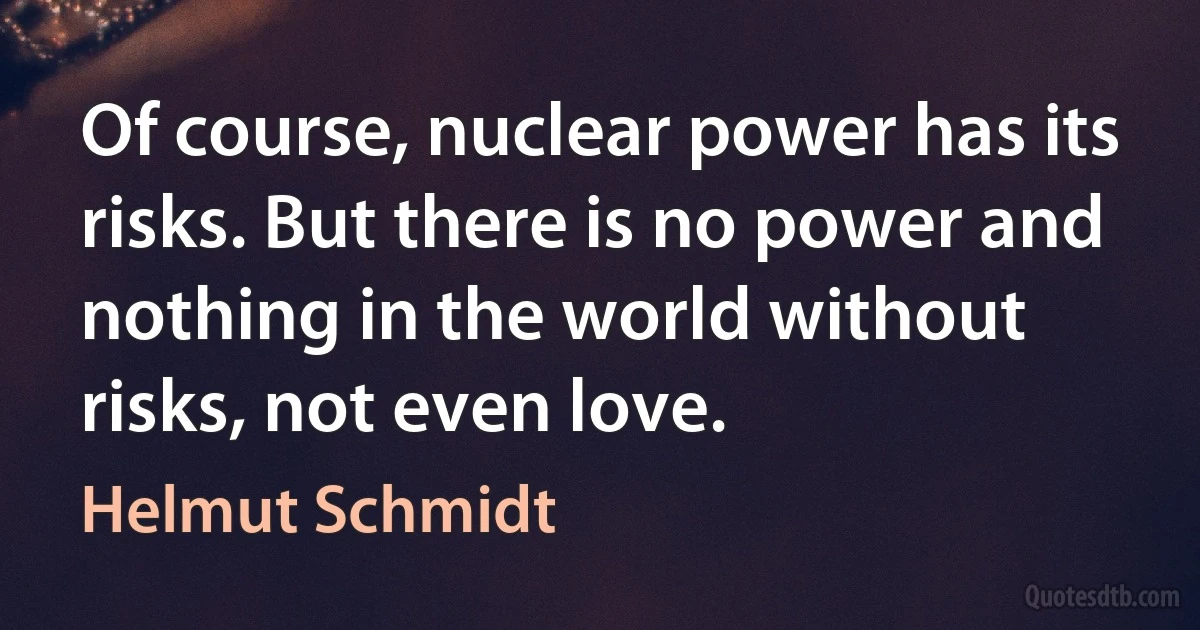 Of course, nuclear power has its risks. But there is no power and nothing in the world without risks, not even love. (Helmut Schmidt)