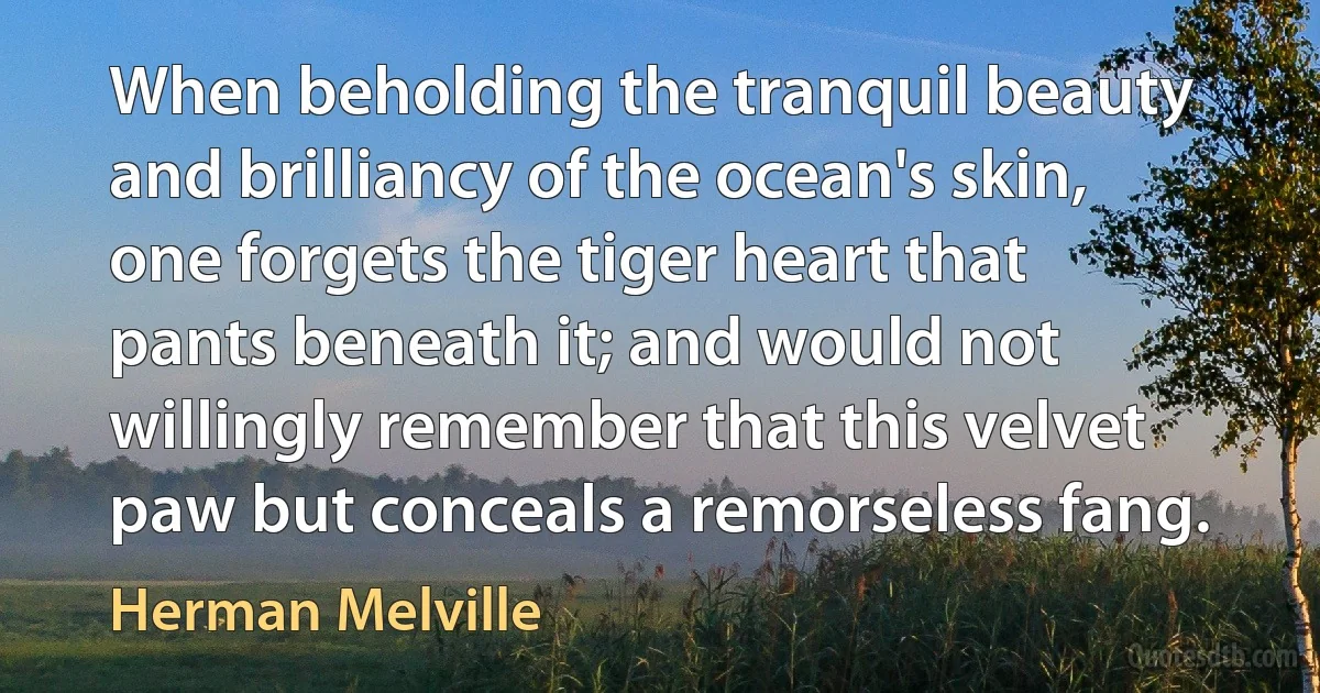 When beholding the tranquil beauty and brilliancy of the ocean's skin, one forgets the tiger heart that pants beneath it; and would not willingly remember that this velvet paw but conceals a remorseless fang. (Herman Melville)