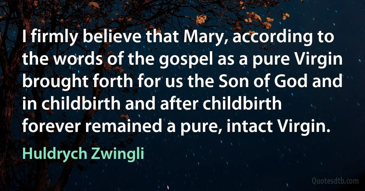 I firmly believe that Mary, according to the words of the gospel as a pure Virgin brought forth for us the Son of God and in childbirth and after childbirth forever remained a pure, intact Virgin. (Huldrych Zwingli)