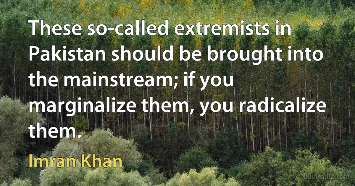 These so-called extremists in Pakistan should be brought into the mainstream; if you marginalize them, you radicalize them. (Imran Khan)