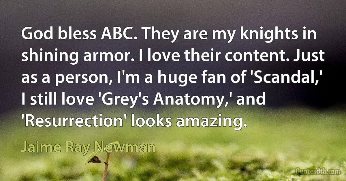 God bless ABC. They are my knights in shining armor. I love their content. Just as a person, I'm a huge fan of 'Scandal,' I still love 'Grey's Anatomy,' and 'Resurrection' looks amazing. (Jaime Ray Newman)