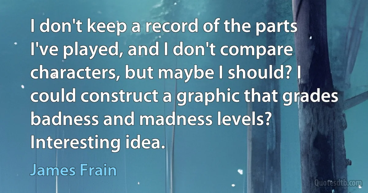 I don't keep a record of the parts I've played, and I don't compare characters, but maybe I should? I could construct a graphic that grades badness and madness levels? Interesting idea. (James Frain)