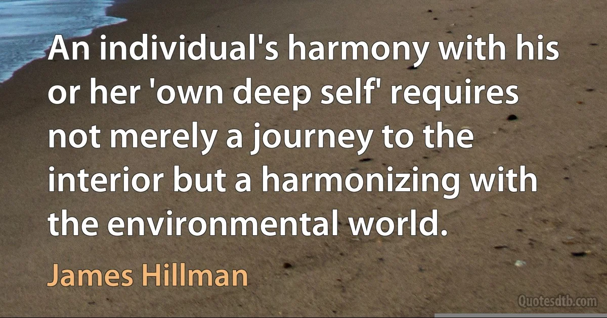 An individual's harmony with his or her 'own deep self' requires not merely a journey to the interior but a harmonizing with the environmental world. (James Hillman)