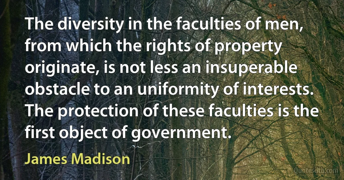 The diversity in the faculties of men, from which the rights of property originate, is not less an insuperable obstacle to an uniformity of interests. The protection of these faculties is the first object of government. (James Madison)