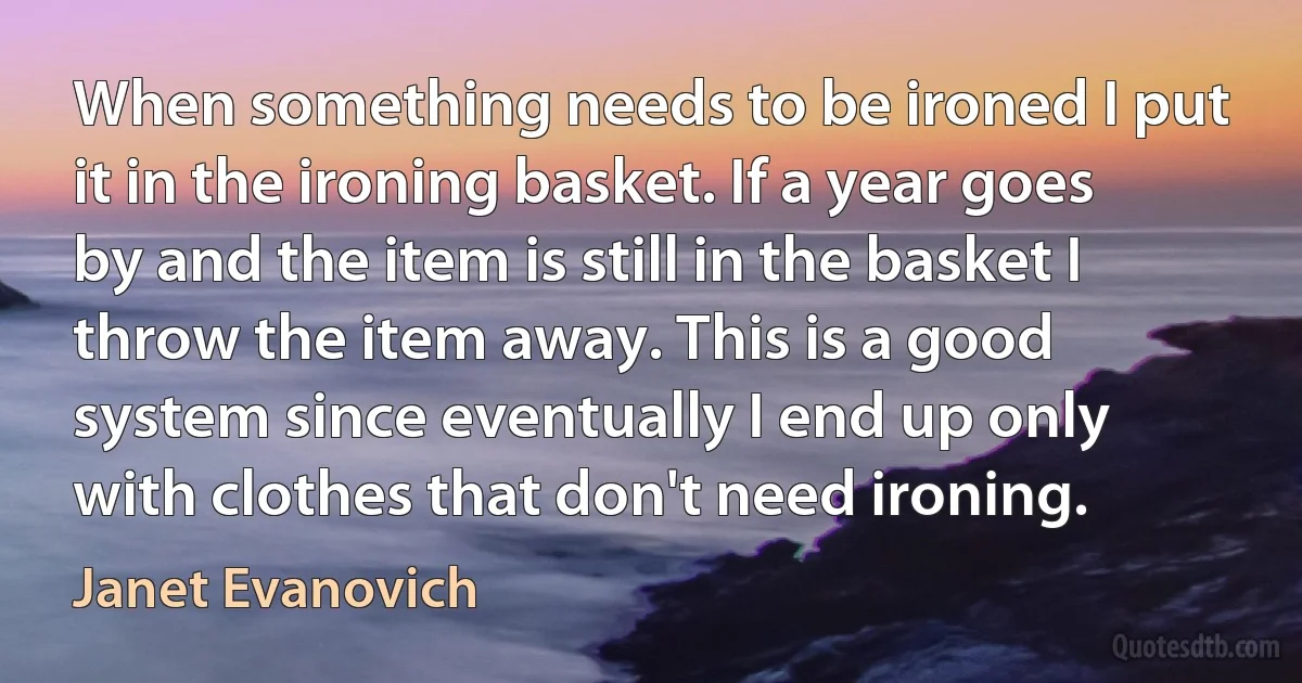 When something needs to be ironed I put it in the ironing basket. If a year goes by and the item is still in the basket I throw the item away. This is a good system since eventually I end up only with clothes that don't need ironing. (Janet Evanovich)