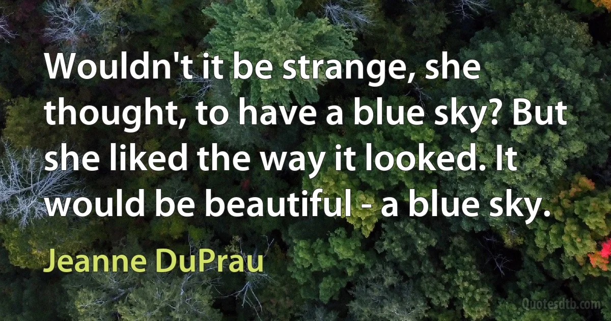 Wouldn't it be strange, she thought, to have a blue sky? But she liked the way it looked. It would be beautiful - a blue sky. (Jeanne DuPrau)