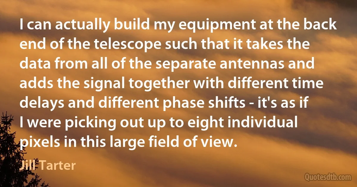 I can actually build my equipment at the back end of the telescope such that it takes the data from all of the separate antennas and adds the signal together with different time delays and different phase shifts - it's as if I were picking out up to eight individual pixels in this large field of view. (Jill Tarter)