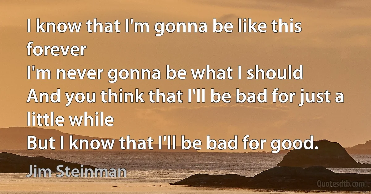 I know that I'm gonna be like this forever
I'm never gonna be what I should
And you think that I'll be bad for just a little while
But I know that I'll be bad for good. (Jim Steinman)