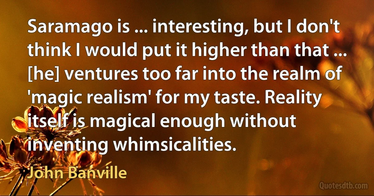 Saramago is ... interesting, but I don't think I would put it higher than that ... [he] ventures too far into the realm of 'magic realism' for my taste. Reality itself is magical enough without inventing whimsicalities. (John Banville)