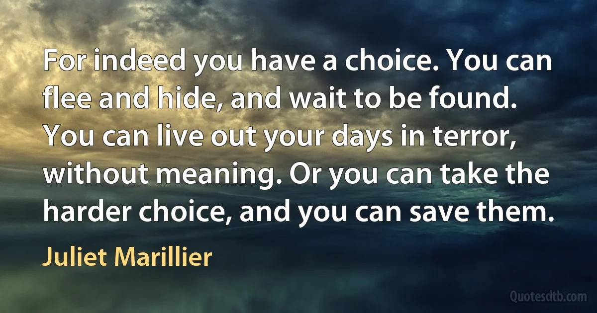 For indeed you have a choice. You can flee and hide, and wait to be found. You can live out your days in terror, without meaning. Or you can take the harder choice, and you can save them. (Juliet Marillier)