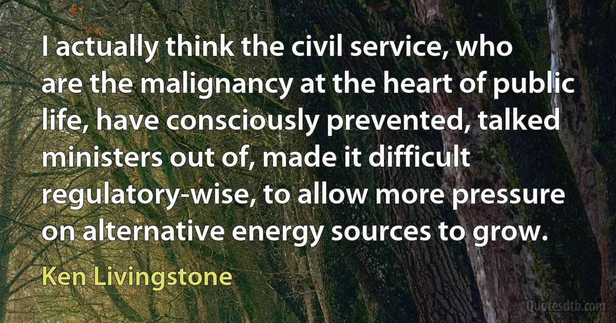 I actually think the civil service, who are the malignancy at the heart of public life, have consciously prevented, talked ministers out of, made it difficult regulatory-wise, to allow more pressure on alternative energy sources to grow. (Ken Livingstone)