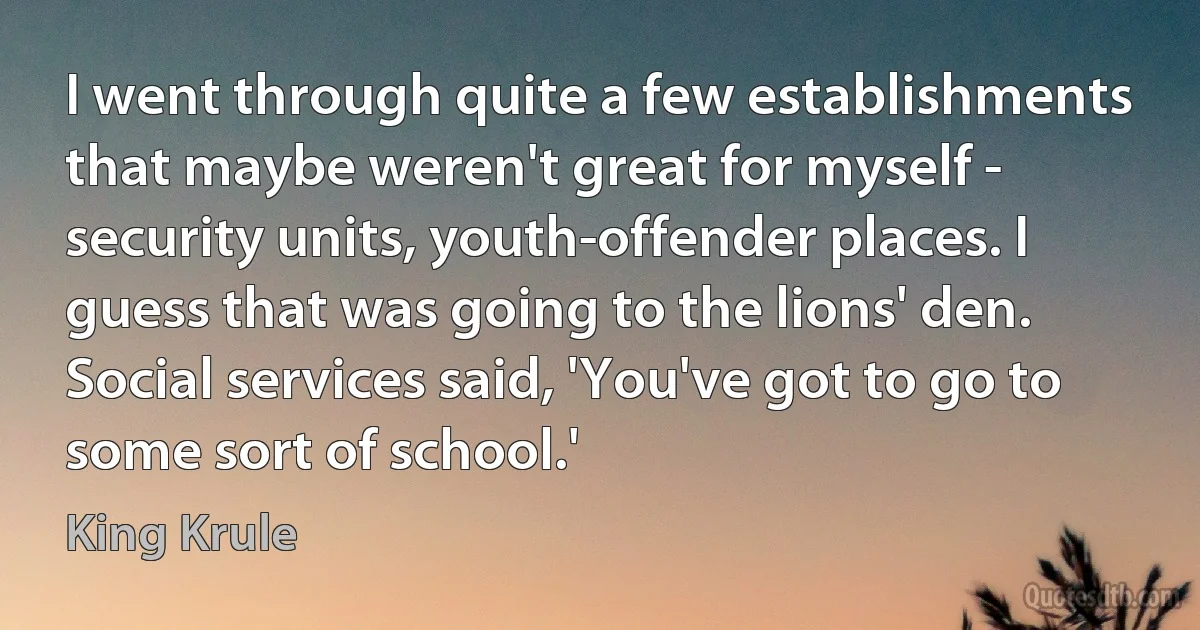 I went through quite a few establishments that maybe weren't great for myself - security units, youth-offender places. I guess that was going to the lions' den. Social services said, 'You've got to go to some sort of school.' (King Krule)