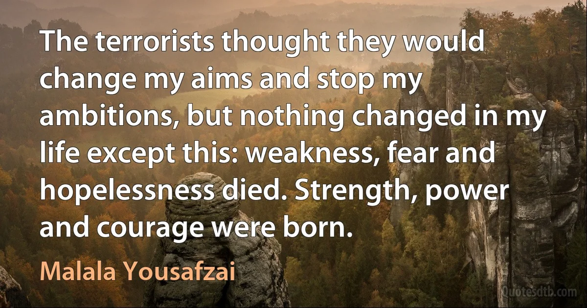 The terrorists thought they would change my aims and stop my ambitions, but nothing changed in my life except this: weakness, fear and hopelessness died. Strength, power and courage were born. (Malala Yousafzai)