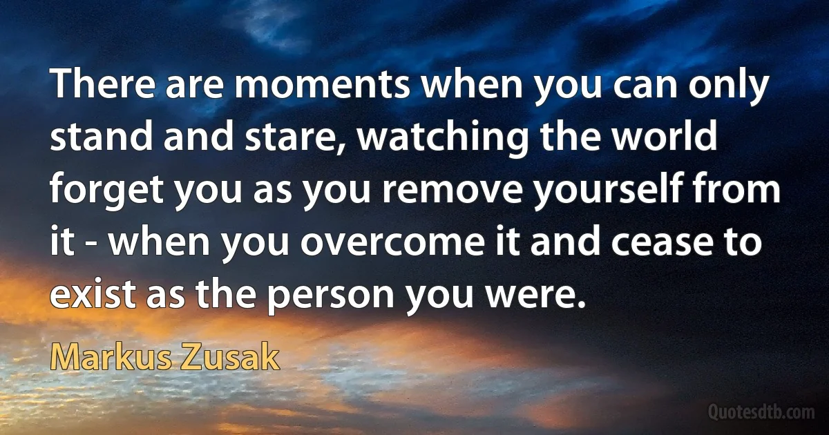 There are moments when you can only stand and stare, watching the world forget you as you remove yourself from it - when you overcome it and cease to exist as the person you were. (Markus Zusak)