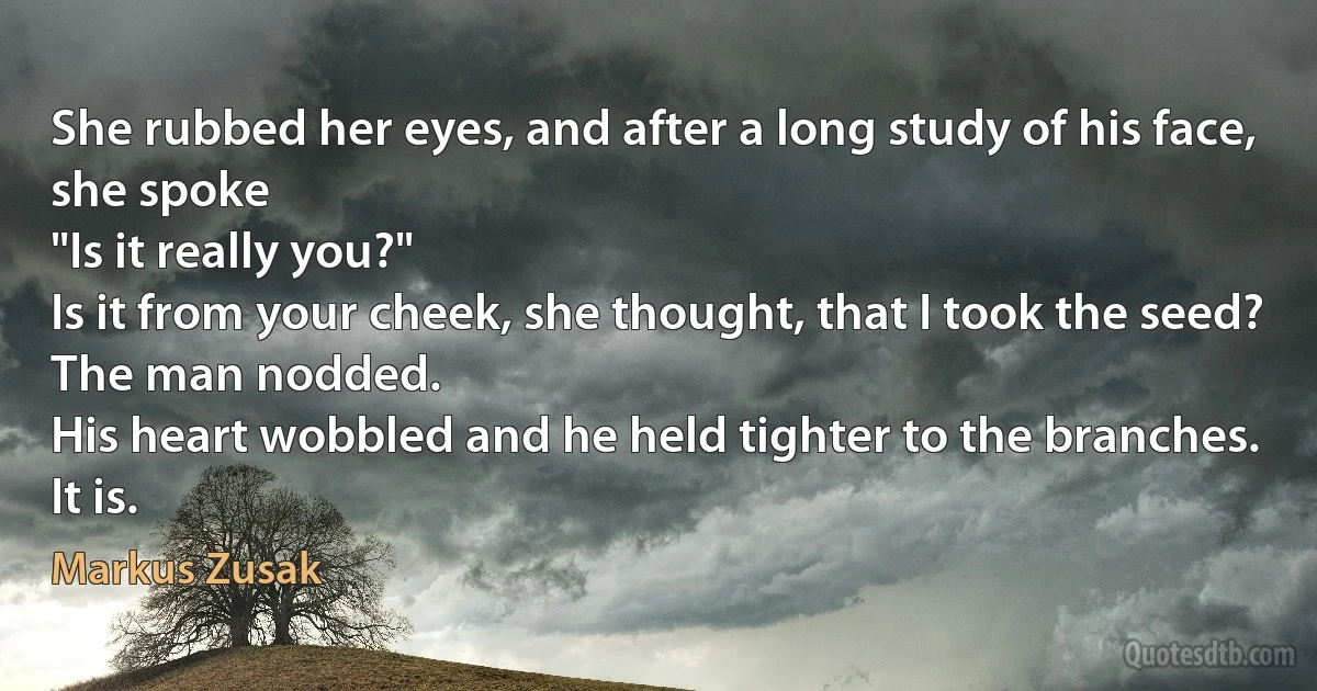 She rubbed her eyes, and after a long study of his face, she spoke
"Is it really you?"
Is it from your cheek, she thought, that I took the seed?
The man nodded.
His heart wobbled and he held tighter to the branches.
It is. (Markus Zusak)