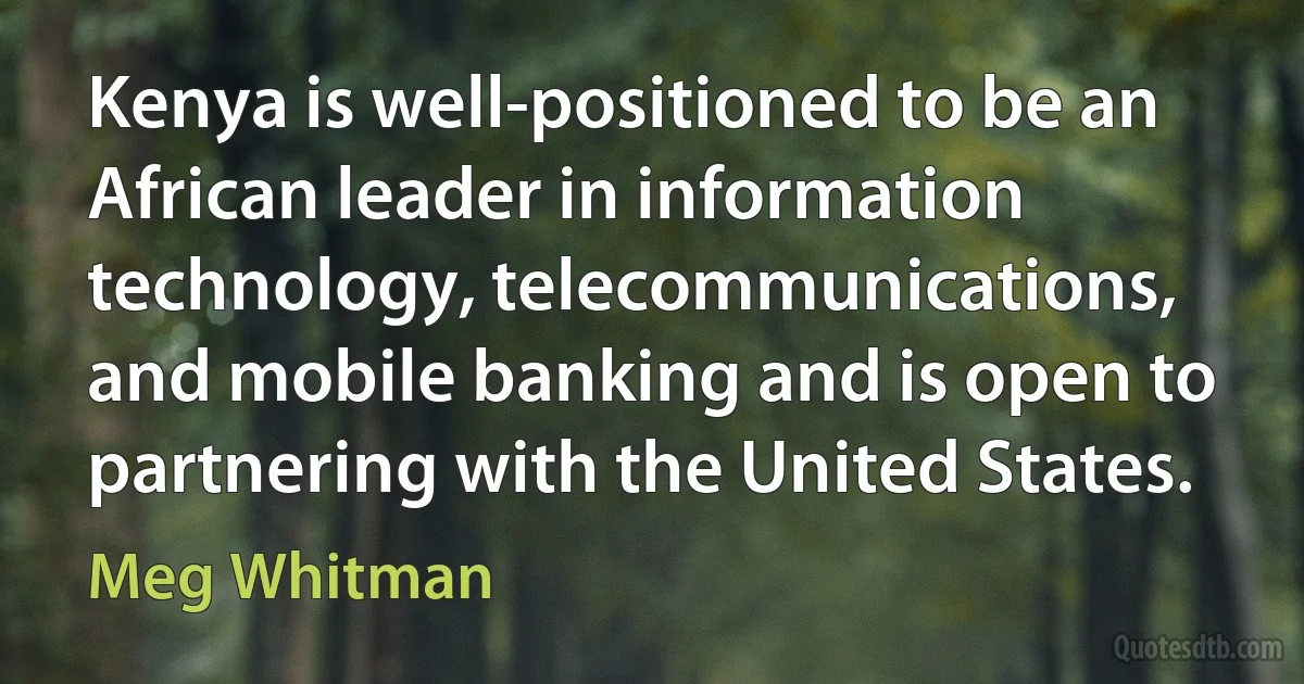 Kenya is well-positioned to be an African leader in information technology, telecommunications, and mobile banking and is open to partnering with the United States. (Meg Whitman)