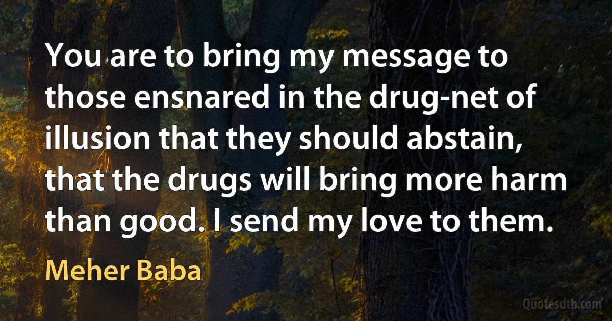 You are to bring my message to those ensnared in the drug-net of illusion that they should abstain, that the drugs will bring more harm than good. I send my love to them. (Meher Baba)