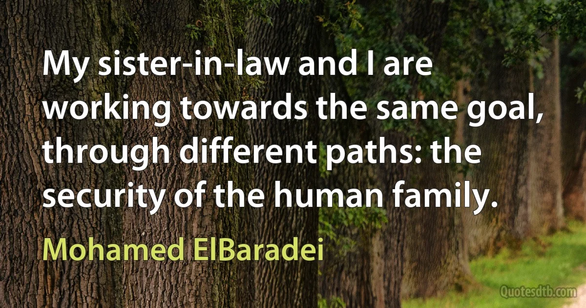 My sister-in-law and I are working towards the same goal, through different paths: the security of the human family. (Mohamed ElBaradei)