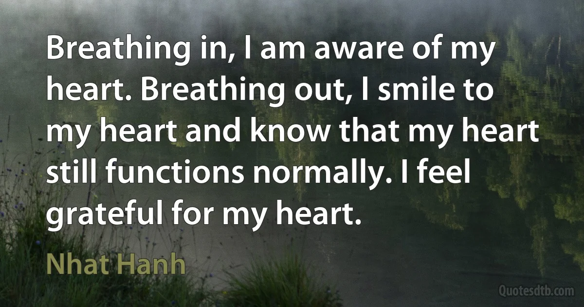 Breathing in, I am aware of my heart. Breathing out, I smile to my heart and know that my heart still functions normally. I feel grateful for my heart. (Nhat Hanh)