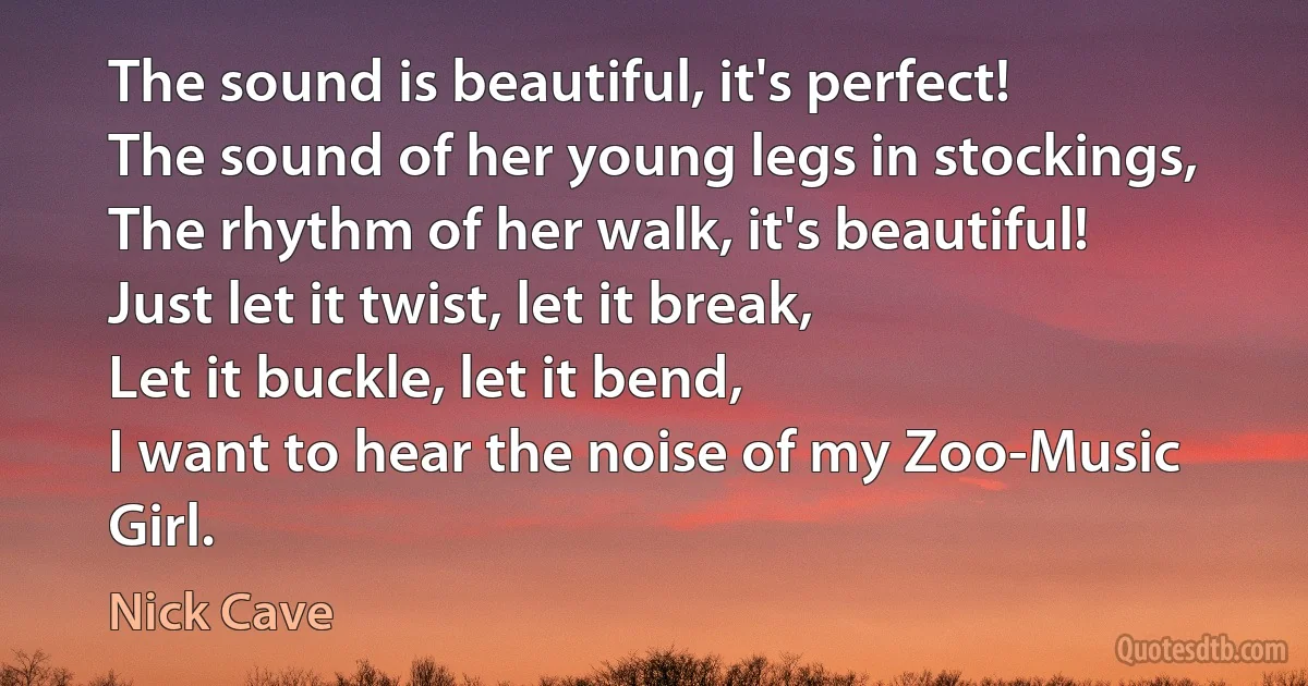 The sound is beautiful, it's perfect!
The sound of her young legs in stockings,
The rhythm of her walk, it's beautiful!
Just let it twist, let it break,
Let it buckle, let it bend,
I want to hear the noise of my Zoo-Music Girl. (Nick Cave)