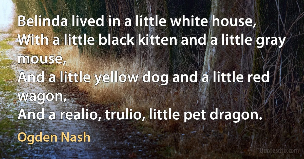 Belinda lived in a little white house,
With a little black kitten and a little gray mouse,
And a little yellow dog and a little red wagon,
And a realio, trulio, little pet dragon. (Ogden Nash)