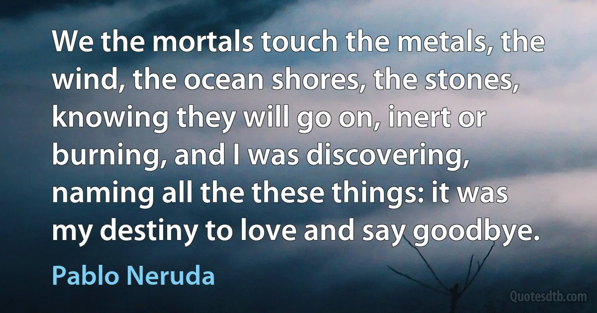 We the mortals touch the metals, the wind, the ocean shores, the stones, knowing they will go on, inert or burning, and I was discovering, naming all the these things: it was my destiny to love and say goodbye. (Pablo Neruda)