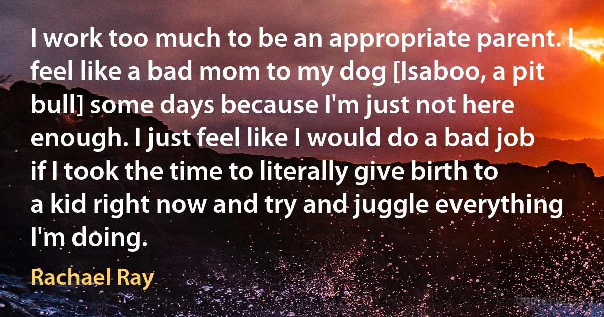 I work too much to be an appropriate parent. I feel like a bad mom to my dog [Isaboo, a pit bull] some days because I'm just not here enough. I just feel like I would do a bad job if I took the time to literally give birth to a kid right now and try and juggle everything I'm doing. (Rachael Ray)