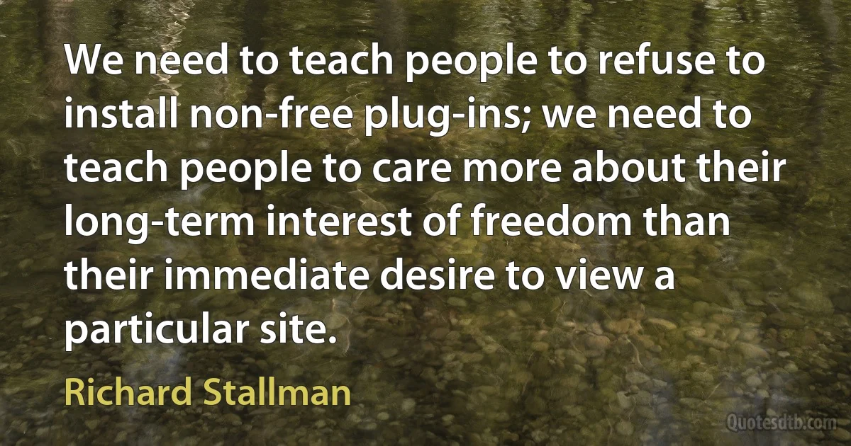 We need to teach people to refuse to install non-free plug-ins; we need to teach people to care more about their long-term interest of freedom than their immediate desire to view a particular site. (Richard Stallman)