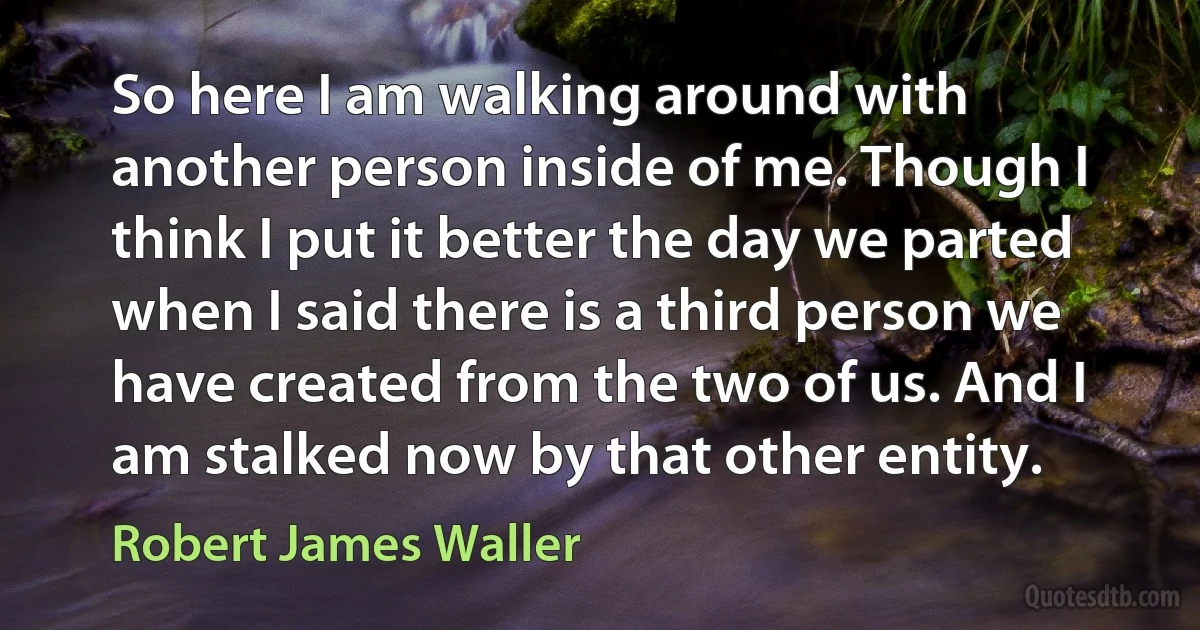 So here I am walking around with another person inside of me. Though I think I put it better the day we parted when I said there is a third person we have created from the two of us. And I am stalked now by that other entity. (Robert James Waller)