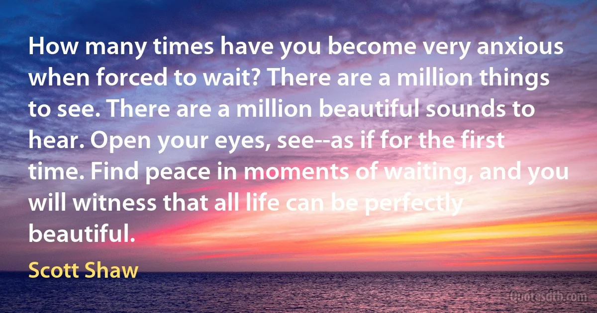 How many times have you become very anxious when forced to wait? There are a million things to see. There are a million beautiful sounds to hear. Open your eyes, see--as if for the first time. Find peace in moments of waiting, and you will witness that all life can be perfectly beautiful. (Scott Shaw)