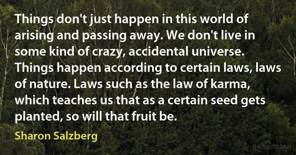 Things don't just happen in this world of arising and passing away. We don't live in some kind of crazy, accidental universe. Things happen according to certain laws, laws of nature. Laws such as the law of karma, which teaches us that as a certain seed gets planted, so will that fruit be. (Sharon Salzberg)