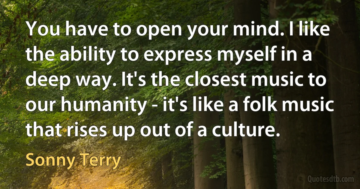 You have to open your mind. I like the ability to express myself in a deep way. It's the closest music to our humanity - it's like a folk music that rises up out of a culture. (Sonny Terry)