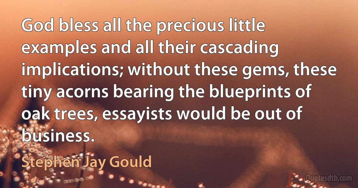 God bless all the precious little examples and all their cascading implications; without these gems, these tiny acorns bearing the blueprints of oak trees, essayists would be out of business. (Stephen Jay Gould)