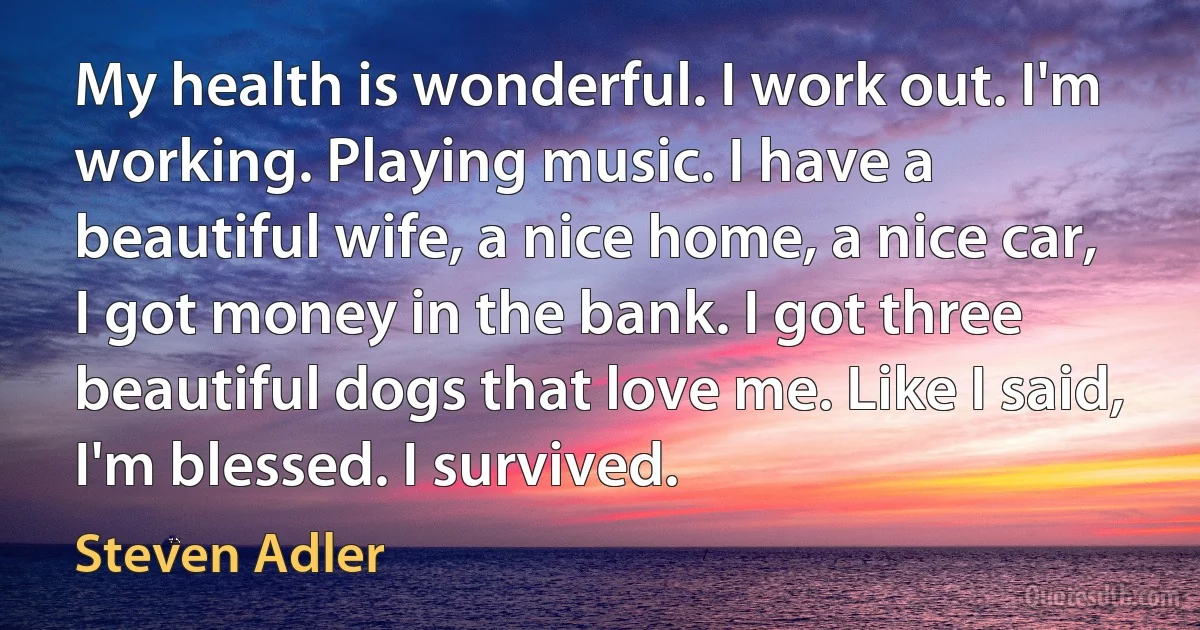 My health is wonderful. I work out. I'm working. Playing music. I have a beautiful wife, a nice home, a nice car, I got money in the bank. I got three beautiful dogs that love me. Like I said, I'm blessed. I survived. (Steven Adler)