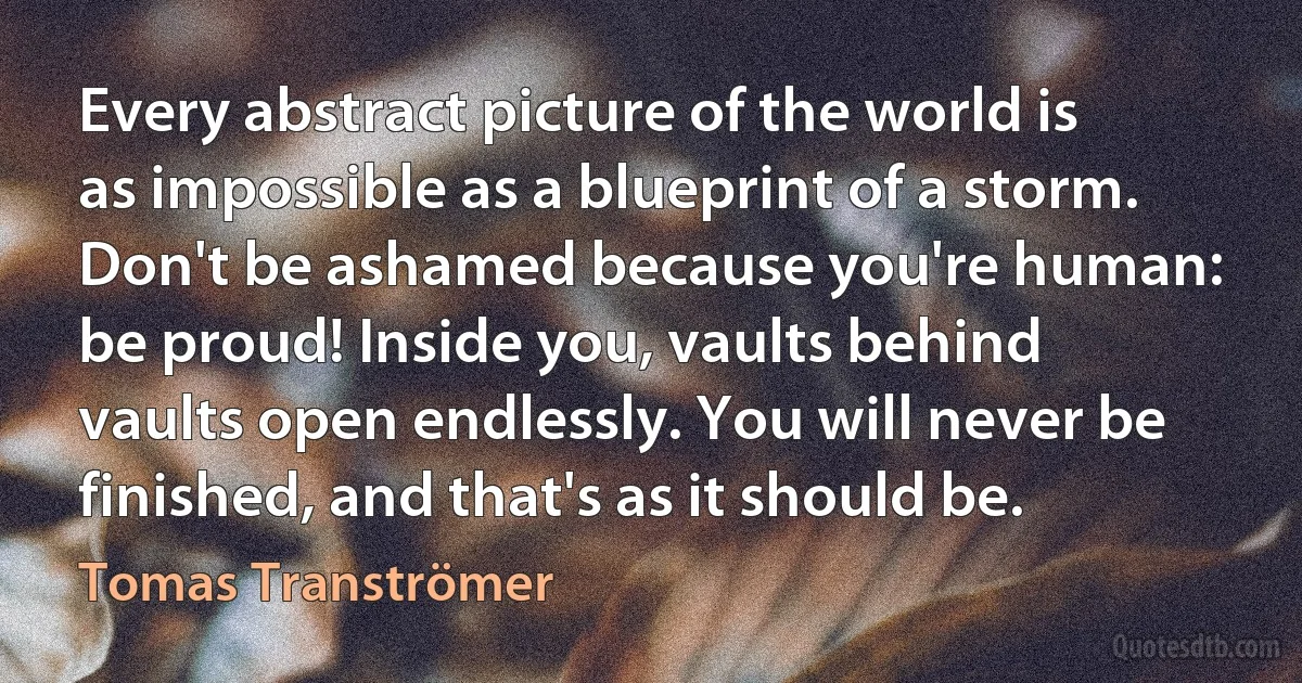 Every abstract picture of the world is as impossible as a blueprint of a storm. Don't be ashamed because you're human: be proud! Inside you, vaults behind vaults open endlessly. You will never be finished, and that's as it should be. (Tomas Tranströmer)